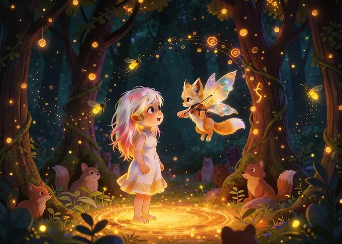 Girl and Fairy Fox in Forest