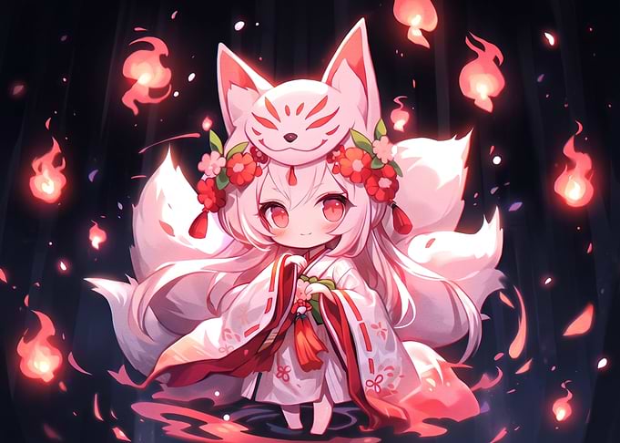 Chibi Kitsune Girl with Fox Mask