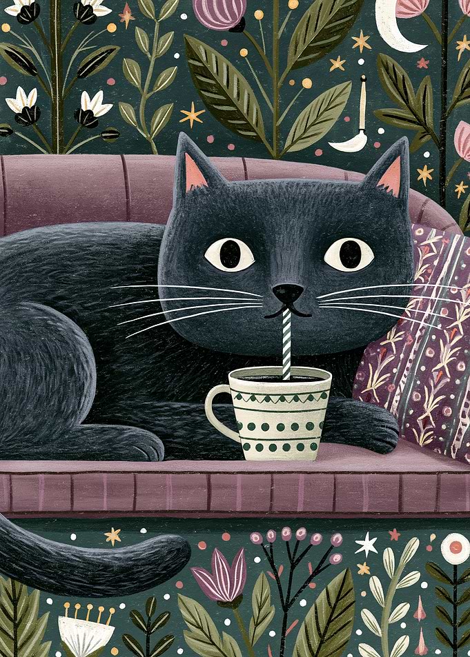 Black Cat Drinking from Mug