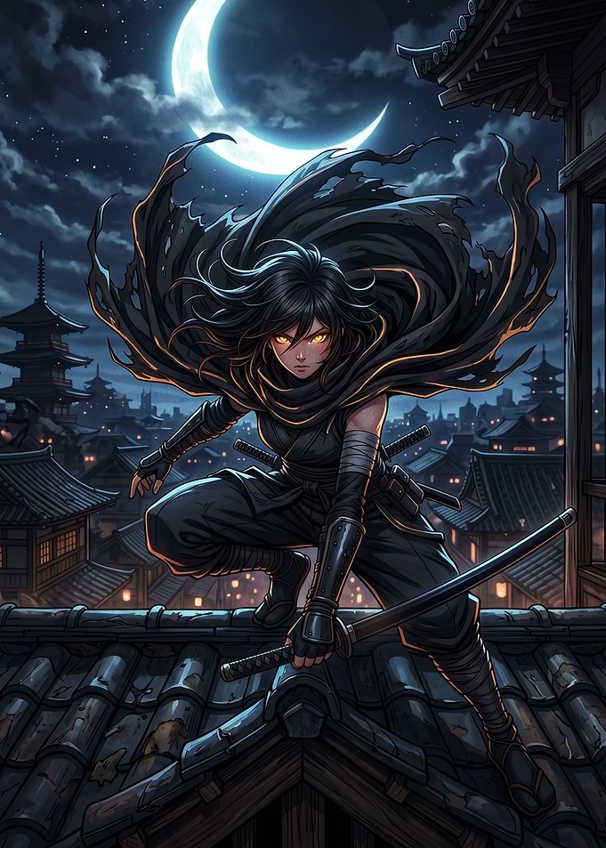 Female Ninja on Rooftop at Night