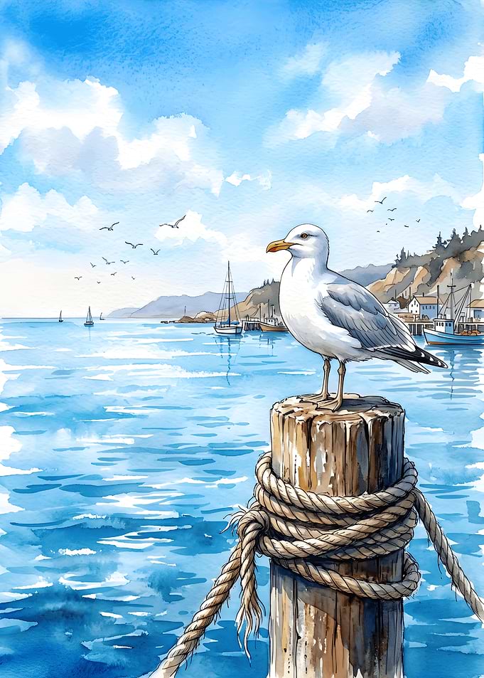 Seagull Perched on Harbor Piling
