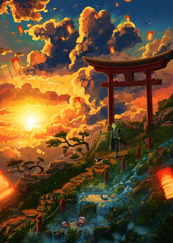 Frog Traveler at Sunset Torii Gate