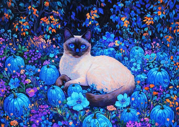 Siamese Cat in Blue Pumpkin Patch