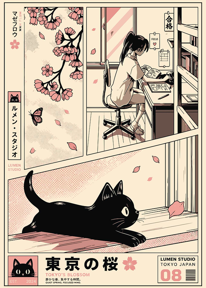 Anime Girl Studying with Black Cat