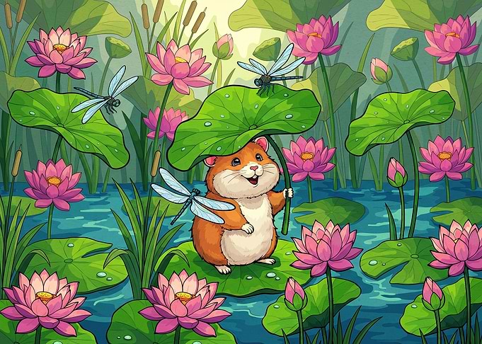 Cute Hamster in Lotus Pond