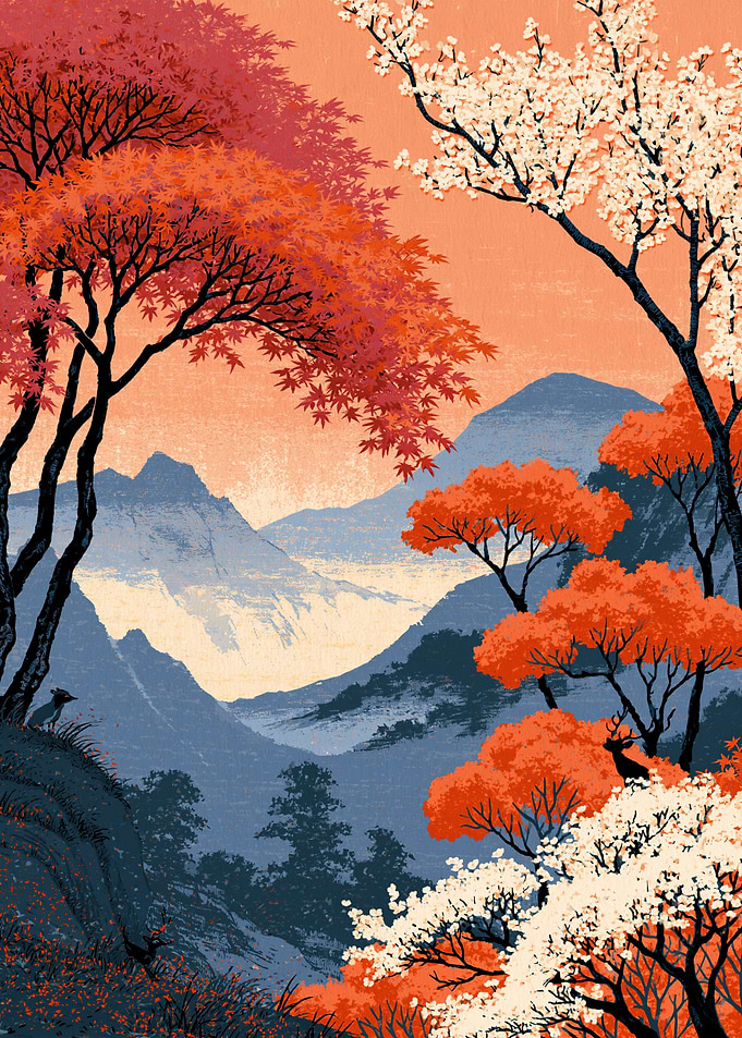 Japanese Landscape with Deer and Trees