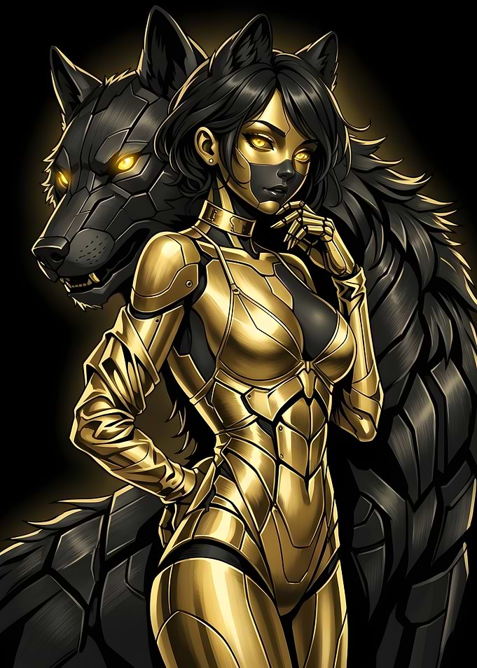 Golden Cybernetic Woman and Wolf