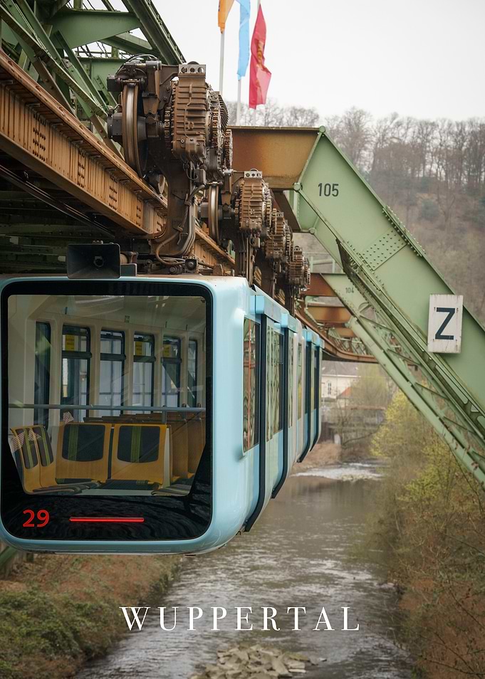 Suspension railway driving over the Wuppertal river