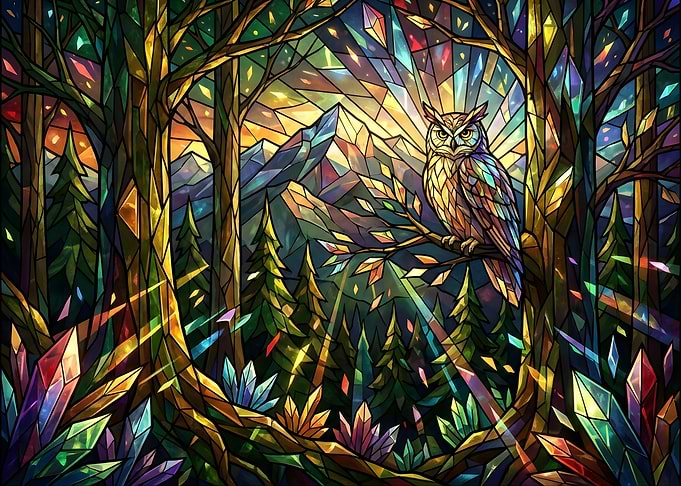 Stained Glass Owl in Crystal Forest