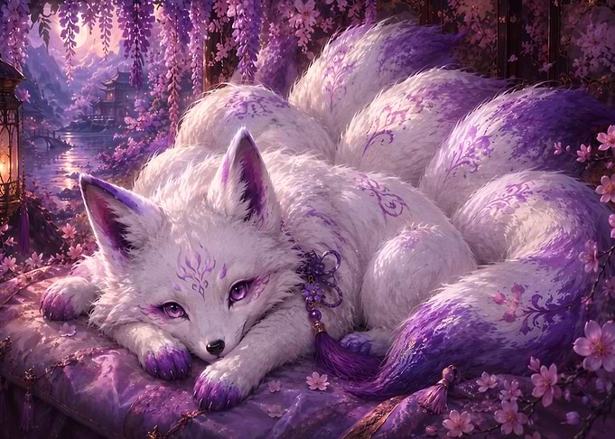 Nine-Tailed Kitsune in Wisteria Garden