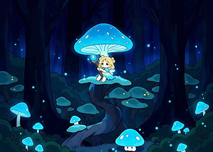 Cute Fairy in Glowing Mushroom Forest