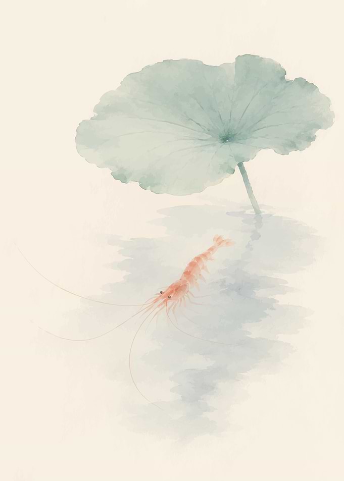 Minimalist Watercolor Shrimp and Lotus Leaf