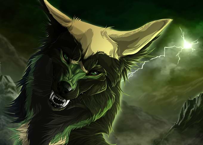 Fierce Green Lightning Wolf