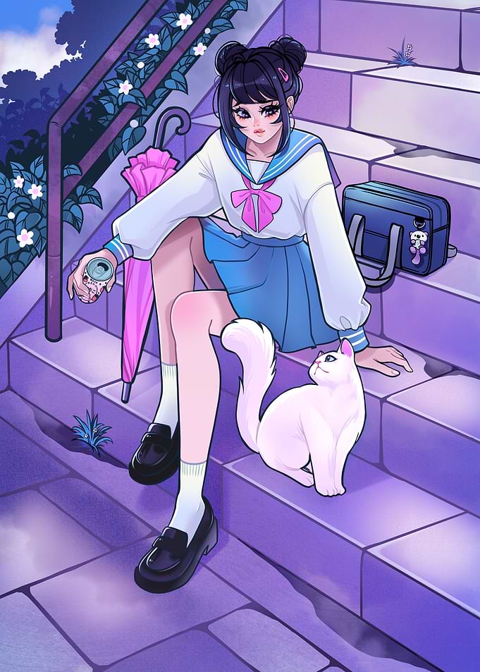 Anime Girl taking a break with White Cat