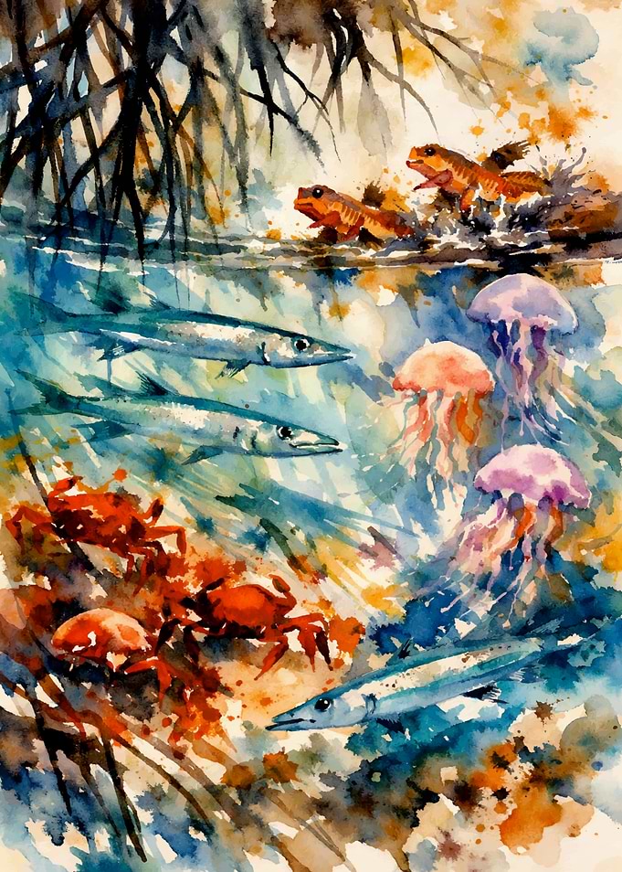 Watercolor Mangrove Ecosystem Underwater Scene