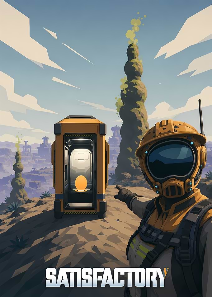 Satisfactory Game Character Pointing at Egg