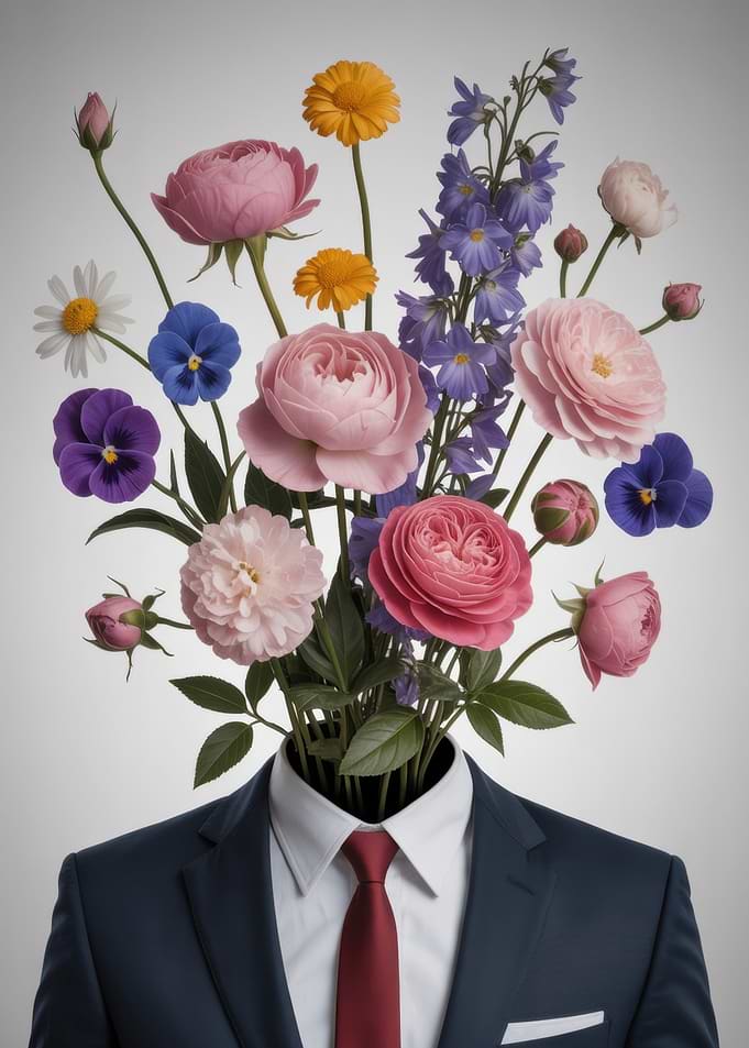Surreal Floral Bouquet Man in Suit