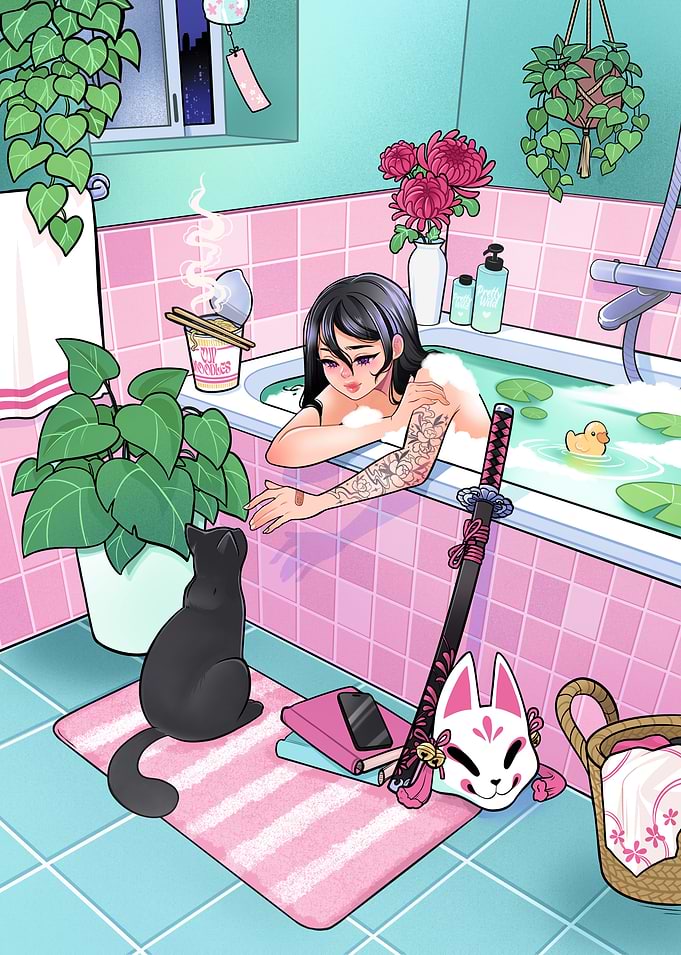 Anime Kitsune Girl Relaxing in Pink Bathroom