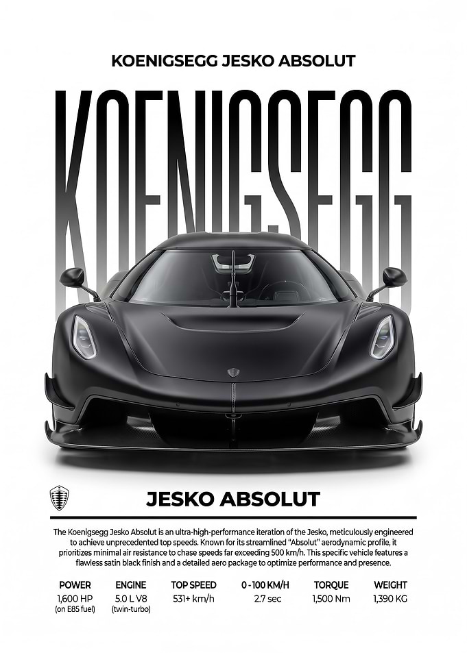 black front view Jesko Absolut Hypercar sleek car Poster