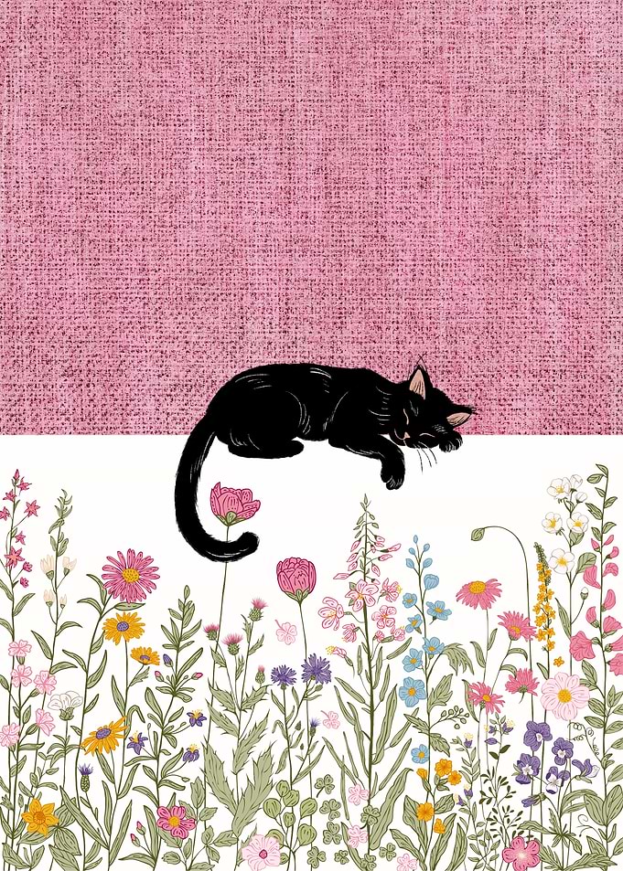 Sleeping Black Cat in Wildflowers