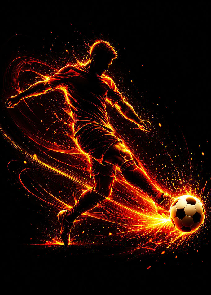 Fiery Soccer Player Kicking Ball