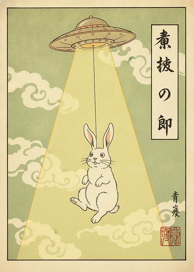 UFO Abducting a Rabbit Ukiyo-e Style