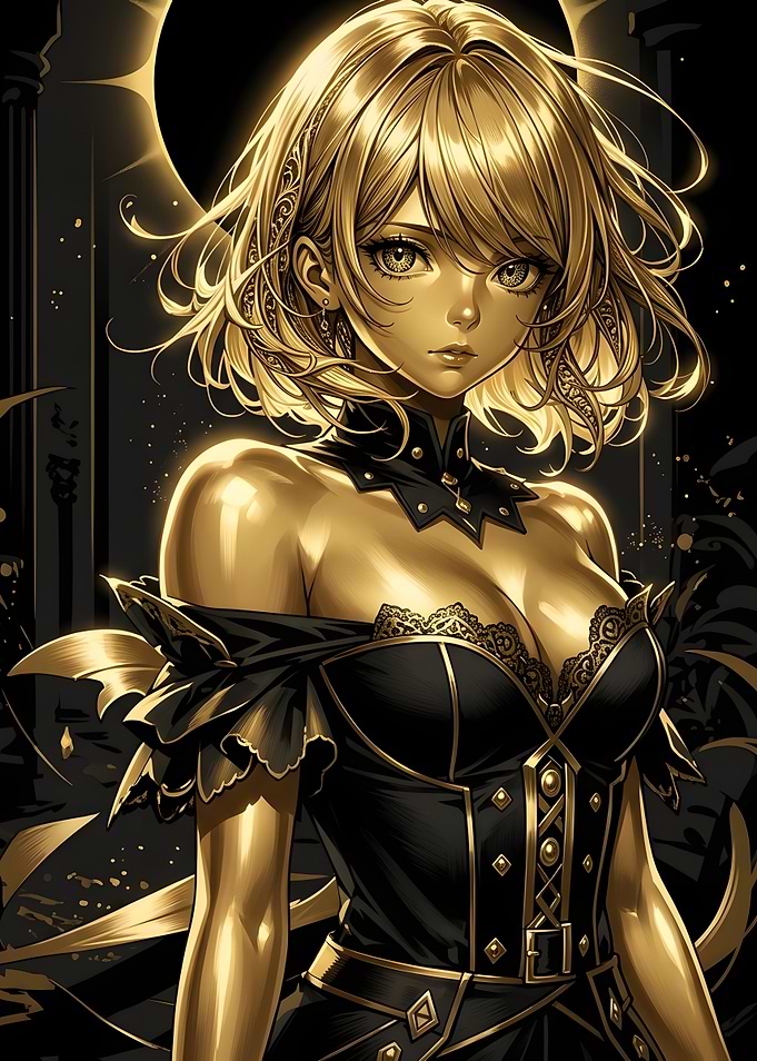 Golden Anime Girl in Black Dress