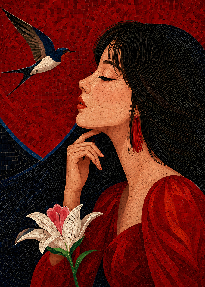Mosaic Portrait of Woman with Bird