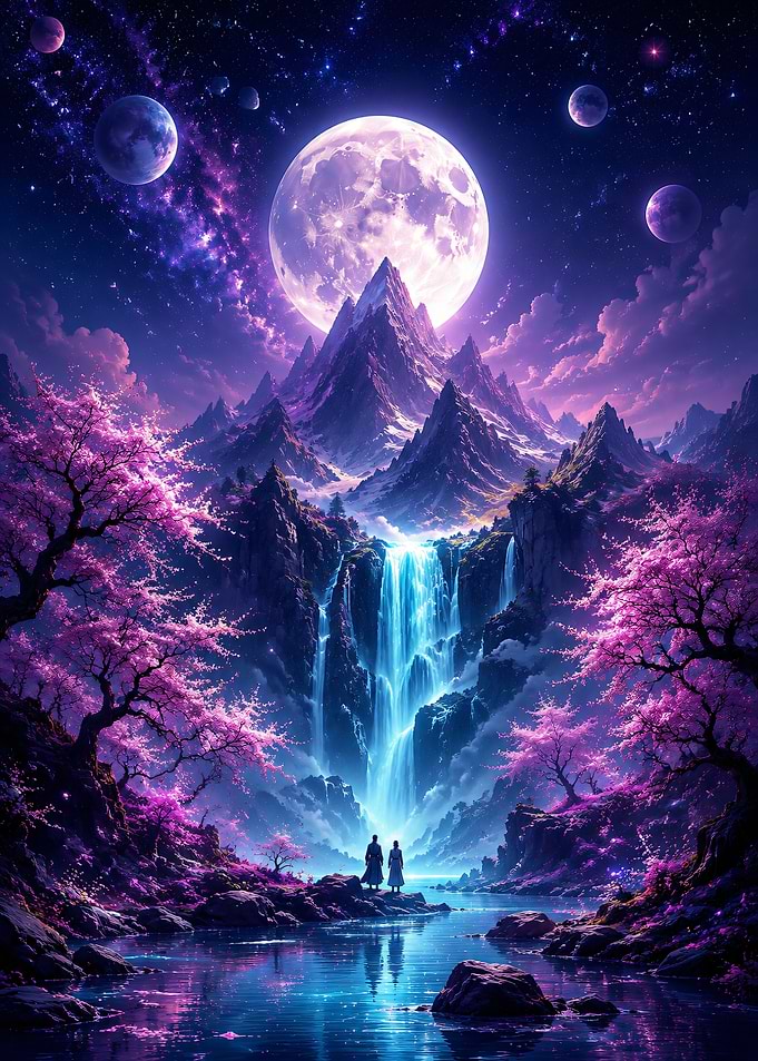Ethereal Mountain Waterfall Under Moonlit Sky