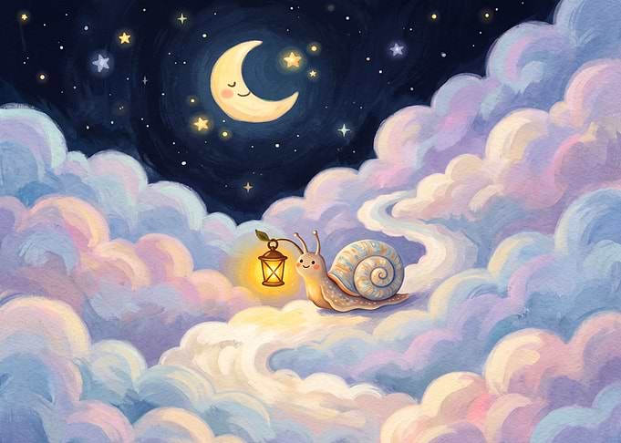 Cute Snail Carrying Lantern in Clouds