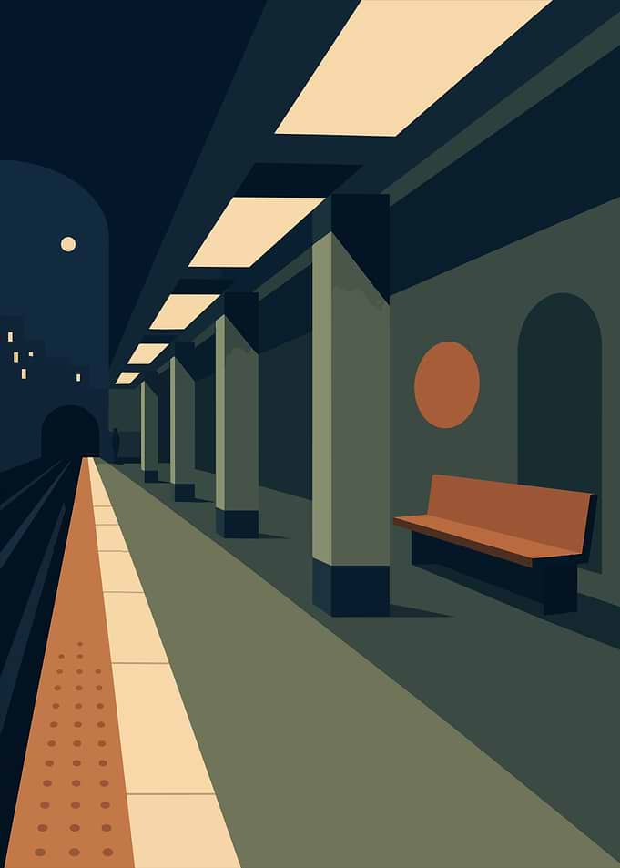Minimalist Subway Station Night Scene Art
