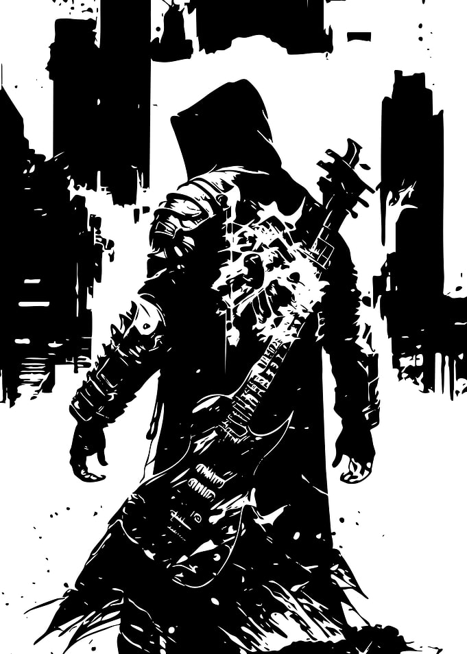 Hooded Musician in Urban Silhouette