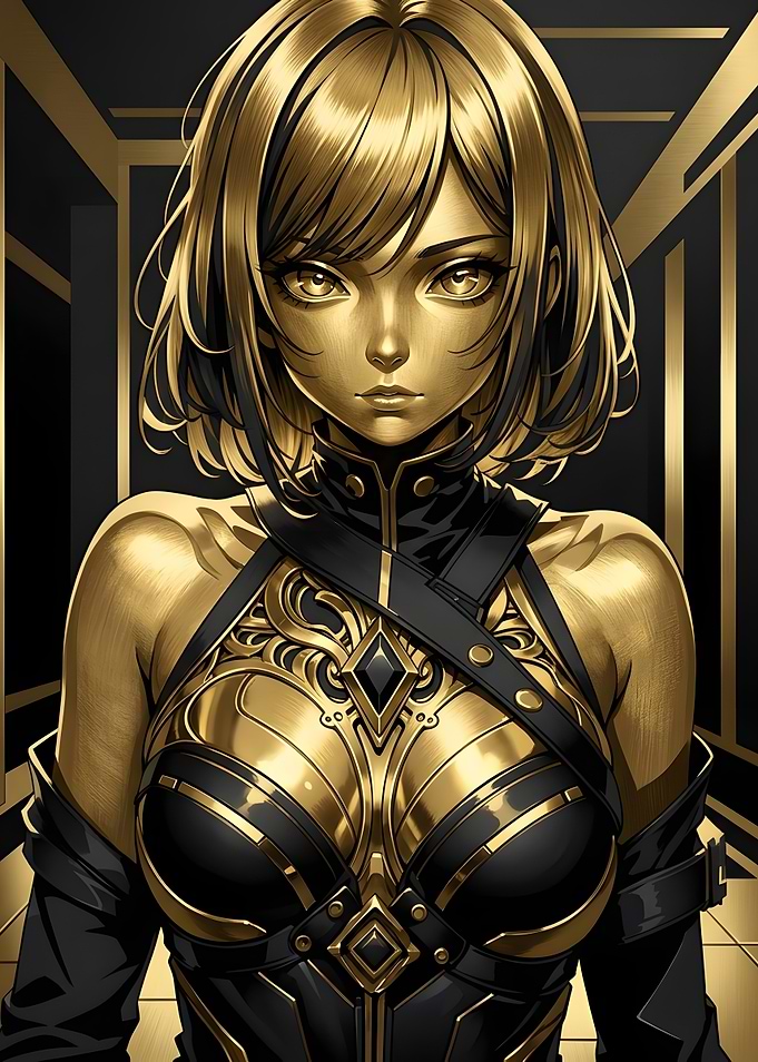 Golden Anime Girl in Black Armor
