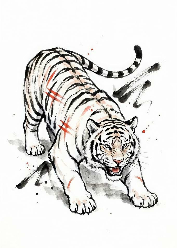 Sumi-e Style White Tiger Illustration