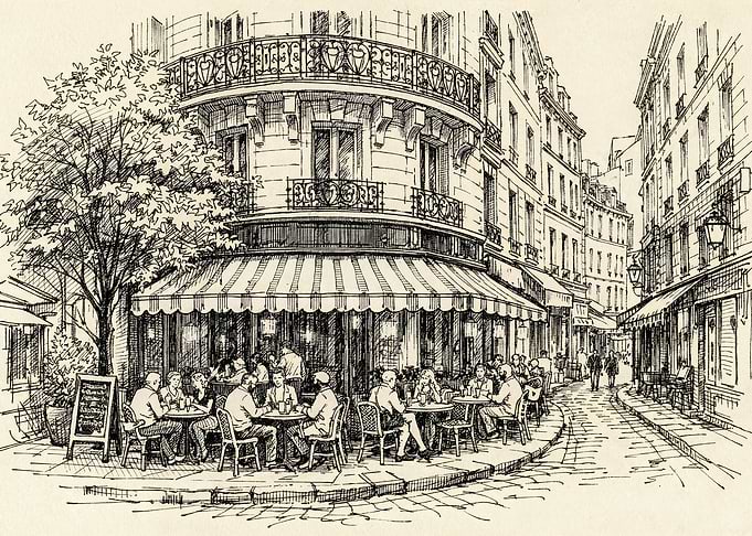 Vintage Paris Cafe Sketch Art