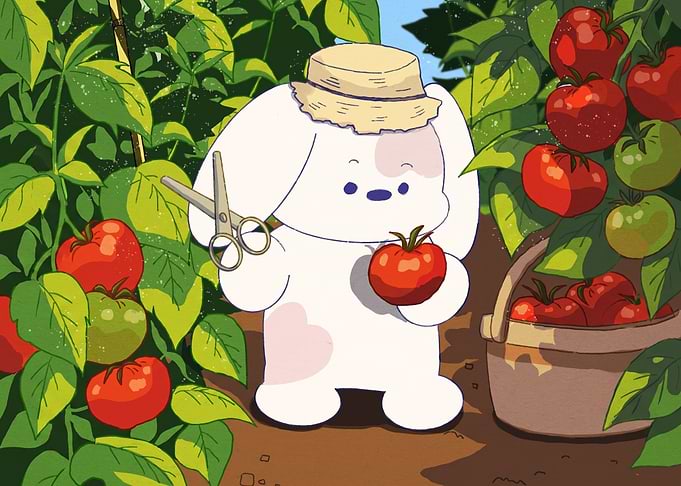 Cute Bunny Harvesting Fresh Tomatoes