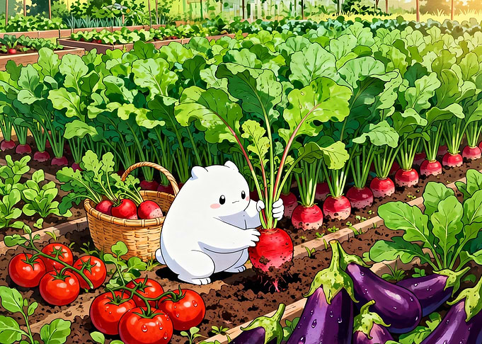 Cute White Creature Harvesting Vegetables