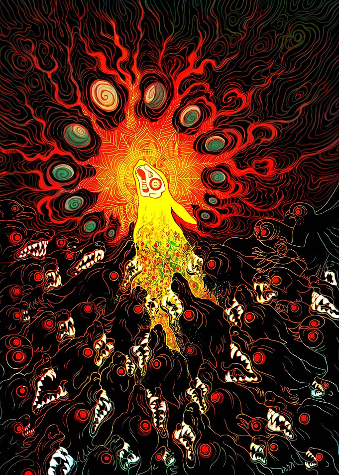 Radiant Rabbit Surrounded by Shadow Wolves