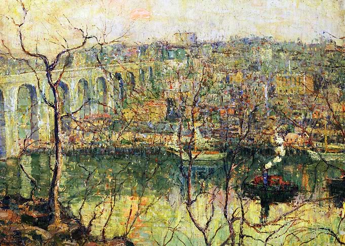 High Bridge Early Moon New York Painting by Ernest Lawson