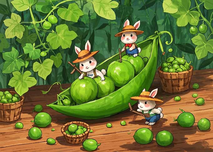 Cute Bunnies Harvesting Green Peas