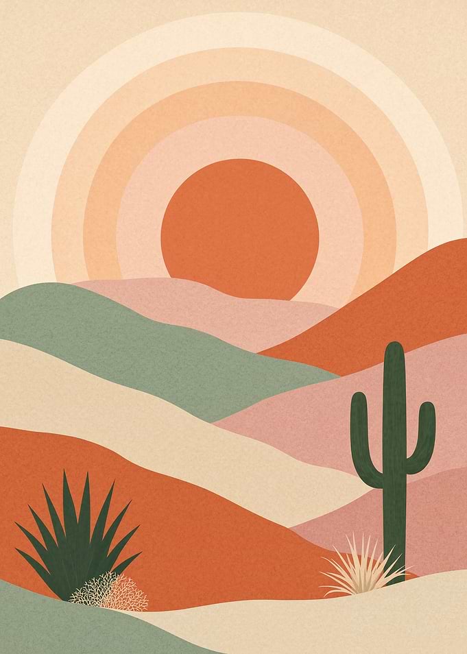 Minimalist Desert Landscape with Cactus