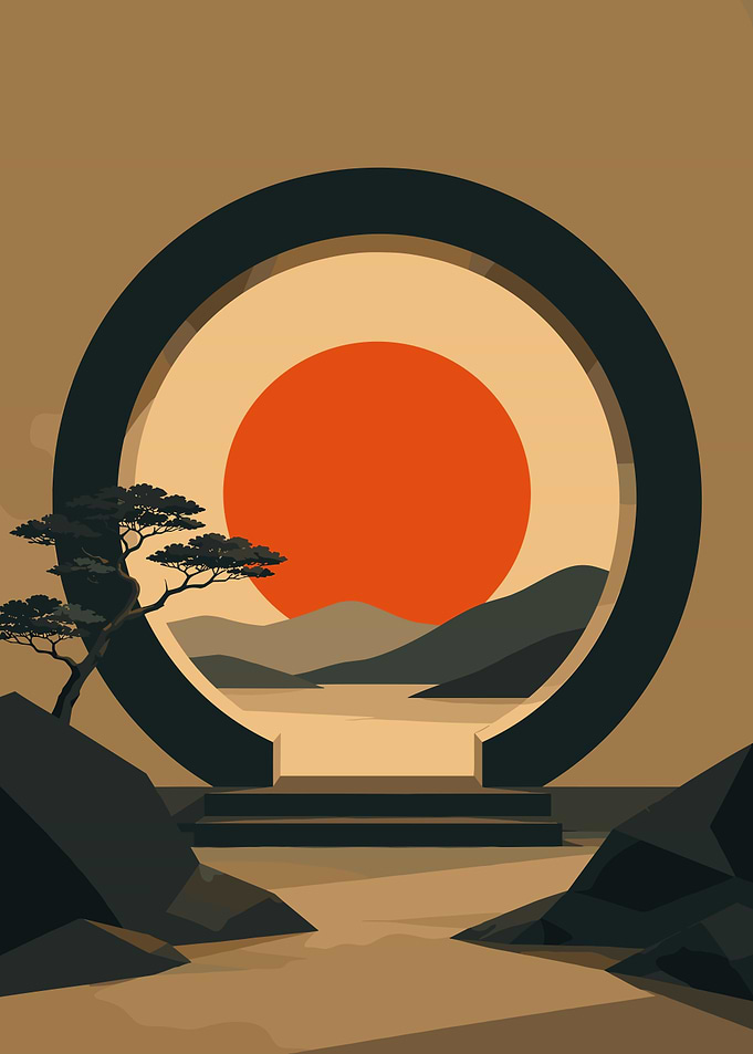 Minimalist Serene Moon Gate Landscape In Earth Tones