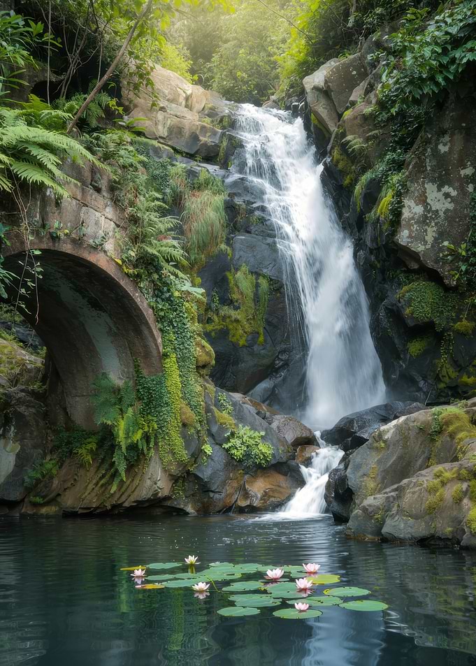 Waterfall with Stone Bridge and Lilies