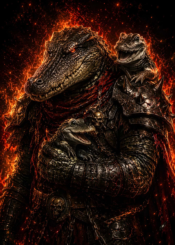 Armored Crocodile Warrior with Hatchlings