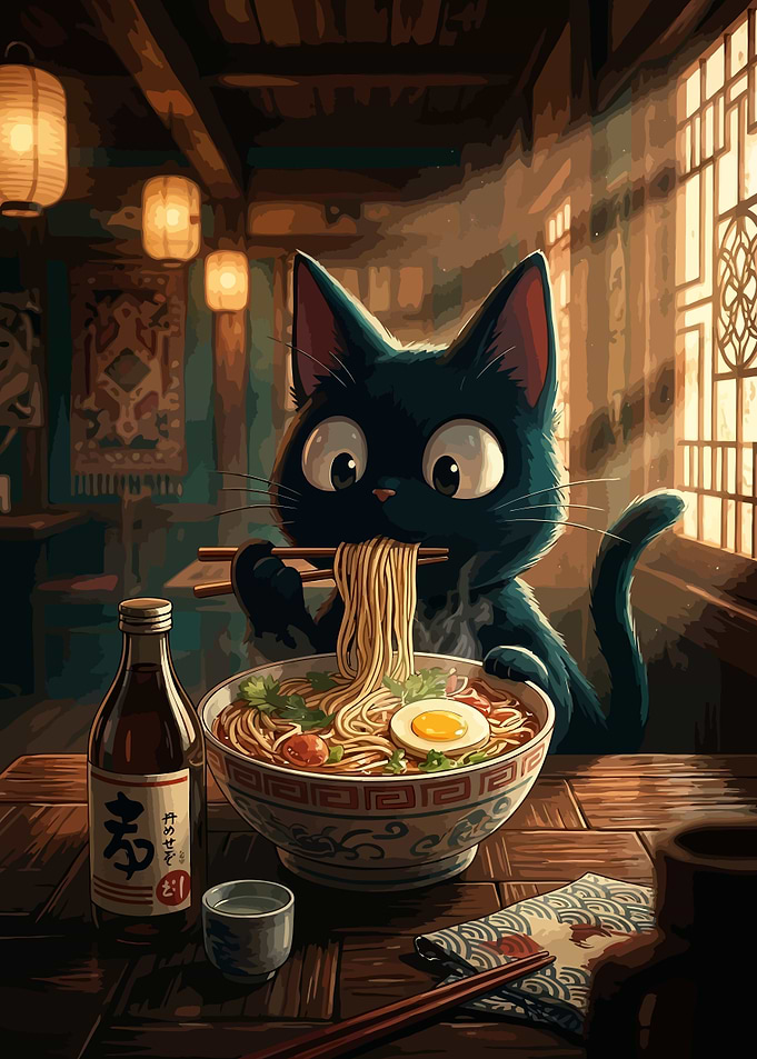 Cute Black Cat Eating Ramen