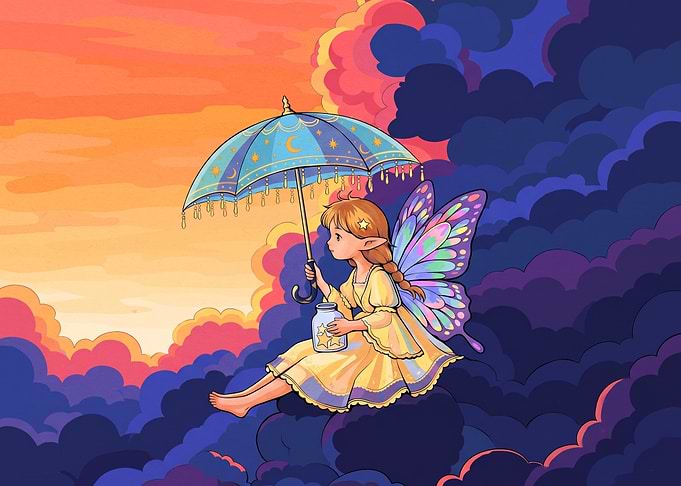 Fairy with Star Jar in Clouds