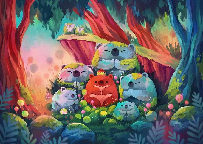 Whimsical Forest Bear Gathering