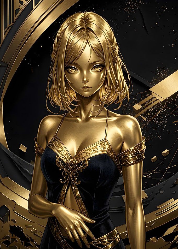 Golden Anime Girl in Black Dress