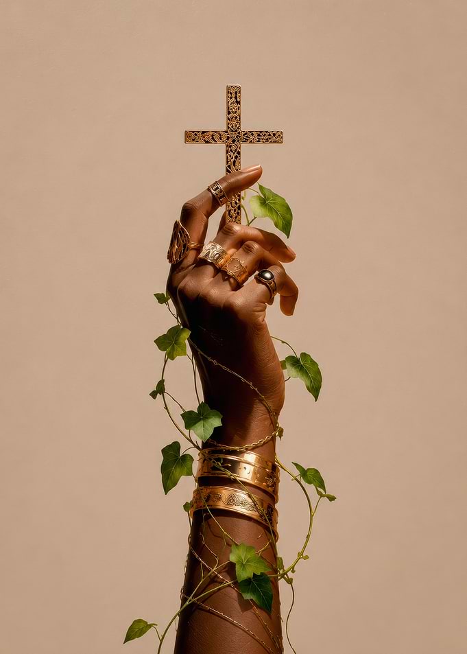 Hand Holding Ornate Gold Cross