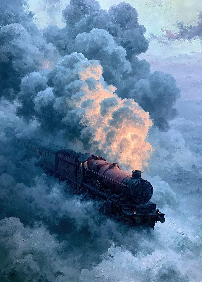 Steam Train Traveling Through Clouds